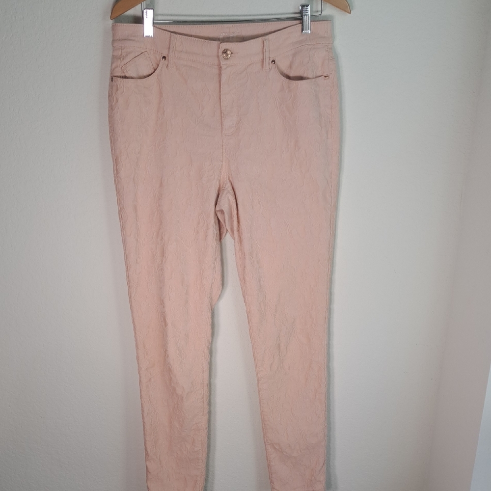 Chico’s Women’s Jacquard Jegging Ankle PantsPink Floral Paisley Pockets Size 10